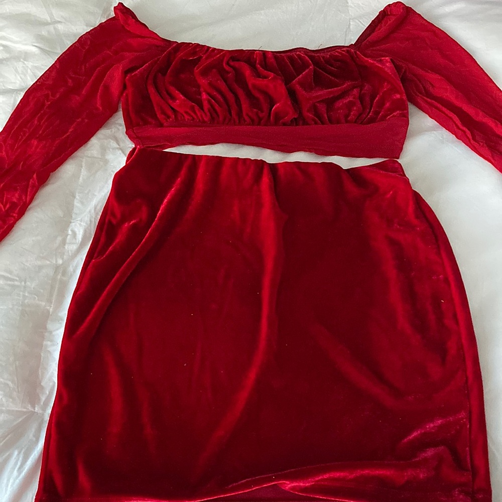 Red two piece skirt set